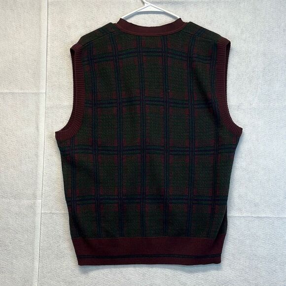 Vtg COLLECTIF Men’s Sweater Vest Wool Blend Button Front Plaid Burgundy Green L - Picture 9 of 11